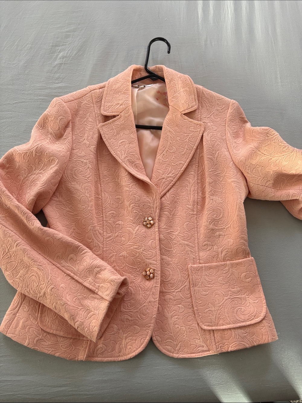 Ice Peach-Pink Embossed Notch-Collar Blazer
